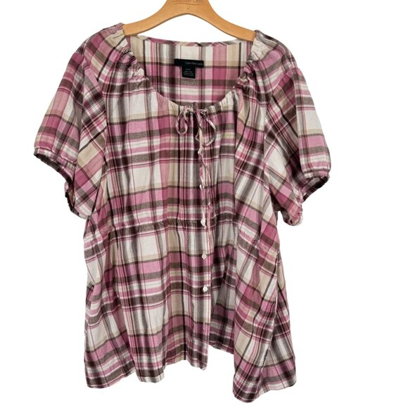 Calvin Klein Jeans Plaid  Blouse size 3X Pink  Brown Cotton Blend Women's - Picture 1 of 9